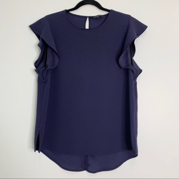 Aritzia Babaton Chaplin Flutter Sleeve Blouse Navy - Picture 1 of 16